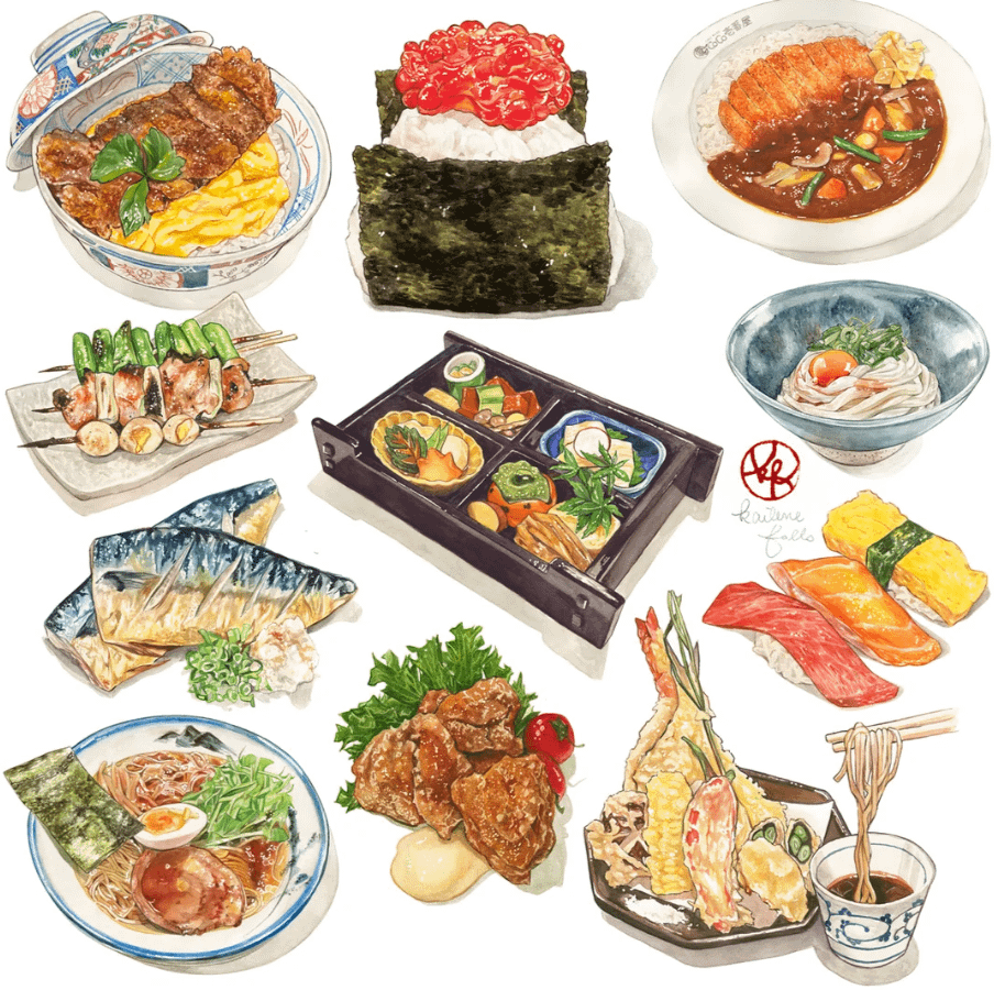 Sharing some classic Japanese food illustrations I’ve done over the years! Hard to believe I’ve lived in Japan for almost 9 years and painted these for nearly 5. What’s your favorite Japanese dish?
