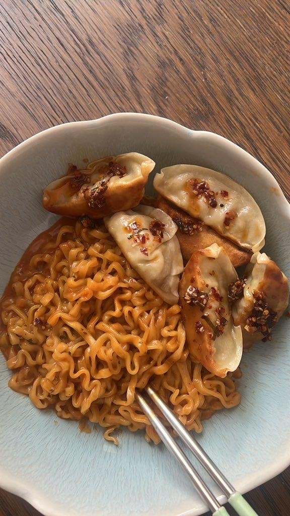 Ramen, chili oil and meat dumplings